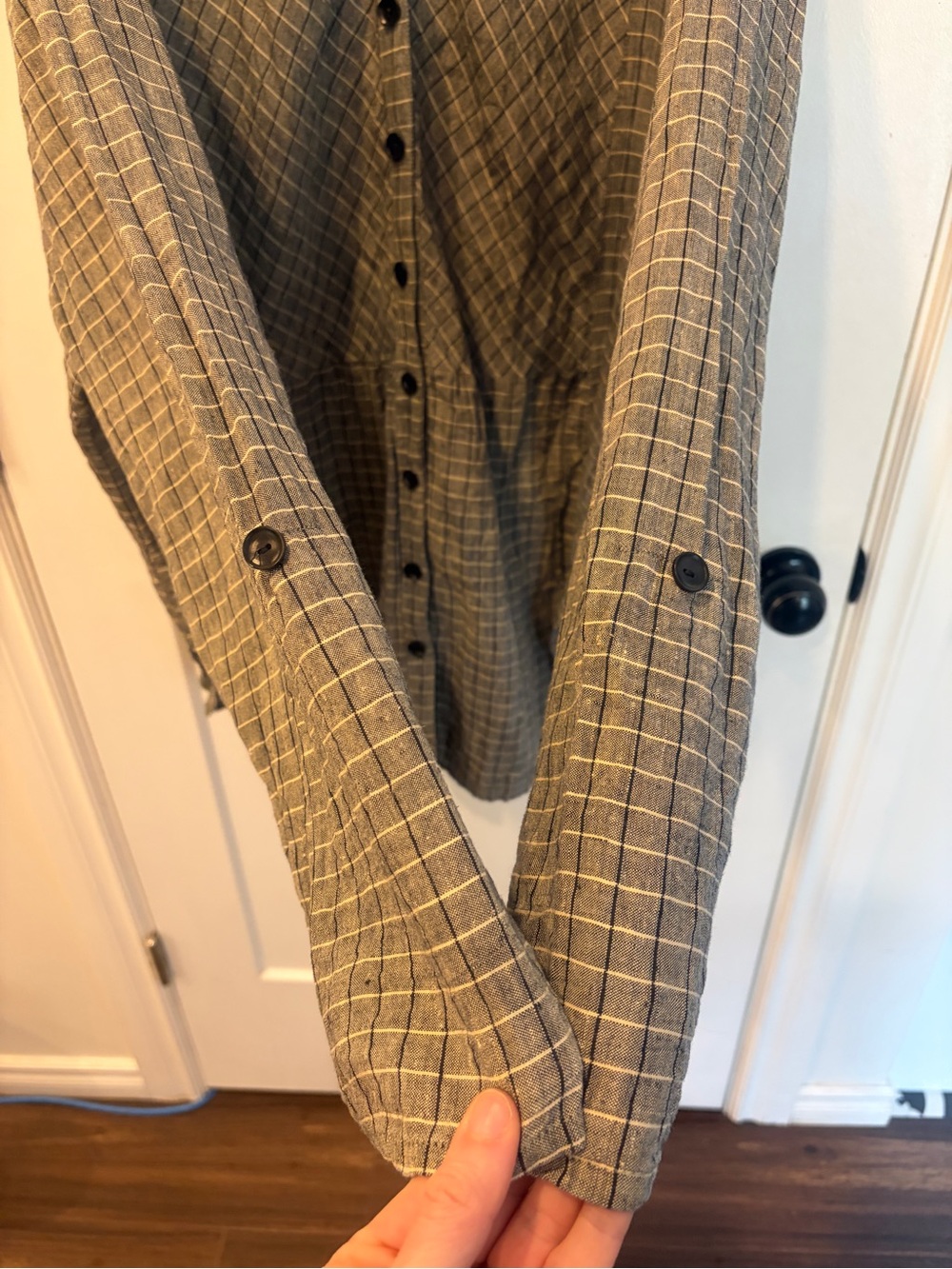 Flax Windowpane Linen Shirt Dress in Gray, black and Cream plaid - Picture 3 of 17